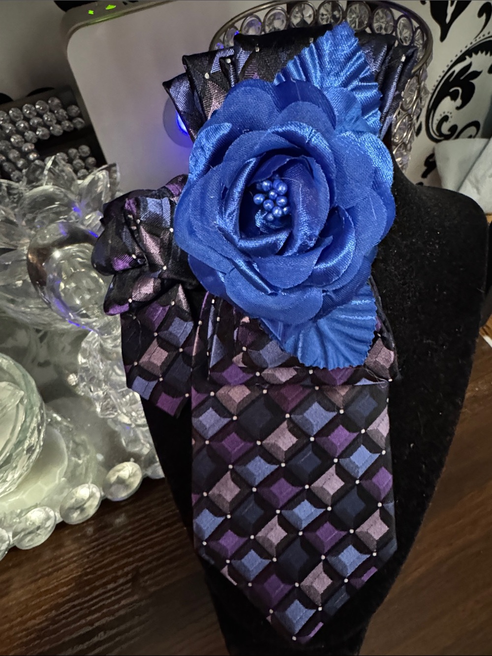 Blue Fabric Flower Boutonniere on Purple Geometric Tie